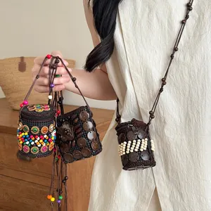 Bohemian Ethnic Style Natural Coconut Shell Mini Coin Purse Necklace For Women Vintage Handmade Woven Beads Long Neck Hanging Pouch Accessory