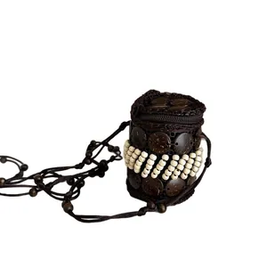 Bohemian ethnic style handcrafted coconut shell pouch necklace with vintage white beads