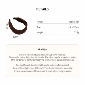 Detailed view of brown pleated fabric headband with size measurements and material info.