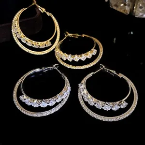 18K Real Gold Plated Double Layer Round Hoop Earrings With 925 Sterling Silver Post Zirconia Luxury Jewelry For Women
