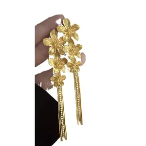 Elegant vintage French style gold flower tassel earrings with shimmering zircon