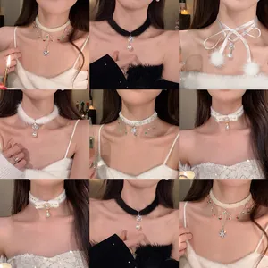 Korean Style White Black Plush Choker Necklace For Women Rhinestone Star Heart Water Drop Artificial Pearl Pendant Winter Neck Chain