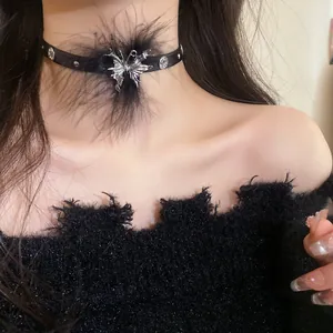 Elegant black feather choker with silver butterfly pendant and rhinestone details on model