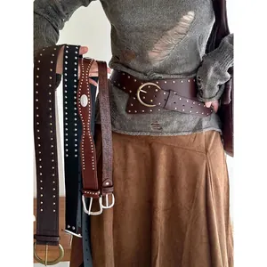 Western style leather rivet belt set with butterfly buckle for Y2K fashion style
