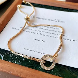 Elegant gold plated rhinestone circle adjustable pull chain bracelet for women fashion jewelry