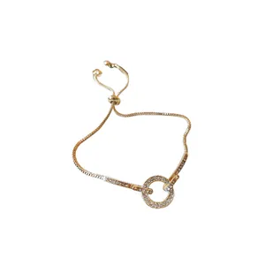 Elegant gold adjustable rhinestone circle bracelet featuring a sleek box chain design for women