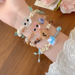 Cartoon Cute Polymer Clay Cat Dog Beaded Bracelet Handmade Wax Rope Woven Adjustable Niche Jewelry For Women Gift