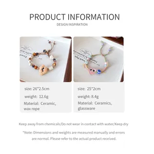 Detailed specifications for handmade ceramic cat and dog charm bracelets with wax rope