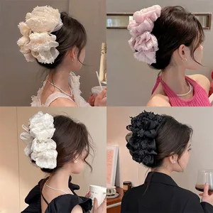 Oversized Mesh Hair Claw Clip For Women Korean Sweet Ethereal Puffy Tulle Bow Hairclip Elegant Pleated Fabric Hair Accessories