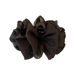 Large black pleated mesh organza hair claw clip for elegant Korean style women's hair styling