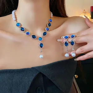 French Vintage Luxury Inlaid Rhinestone Blue Oval Artificial Pearl Tassel Necklace Earrings Set For Women High-End Jewelry