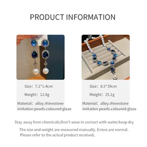 Detailed product information of the vintage rhinestone pearl necklace and earring set.