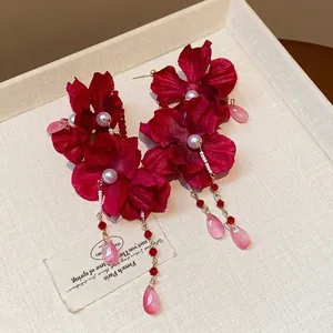 Elegant red fabric flower earrings with pearls and pink teardrop pendants style