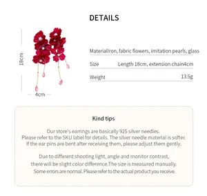 Detailed product specifications of red fabric flower earrings with pearls and dimensions