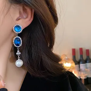 Elegant vintage French style earrings with blue crystals, rhinestones and pearl drop