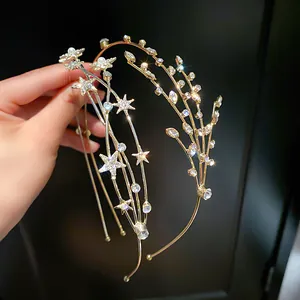 Korean Style Alloy Rhinestone Artificial Pearl Star Hair Band For Women Fashion Gold Willow Branch Design Headband Accessory
