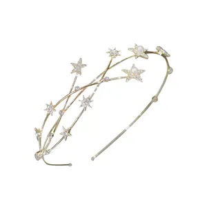 Elegant gold-tone headband featuring sparkling rhinestones and pearl star motifs for women