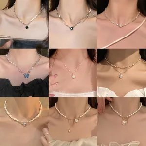 Collana con Pendente in Perla Artificiale Barocca Lega Strass Cuore Stella Farfalla Choker per Donna Gioielli Moda Regalo