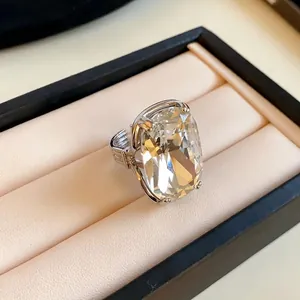 Oversized clear crystal statement ring with adjustable silver open band for women
