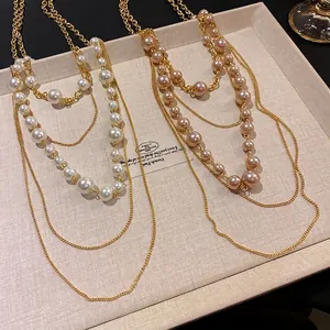 Collar Vintage Francés de Varias Capas con Perlas Artificiales Cadena Larga de Suéter Chapada en Oro Joyería para Mujer