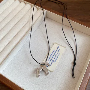 Vue détaillée d'un pendentif cheval argenté sur un cordon noir dans un coffret à bijoux