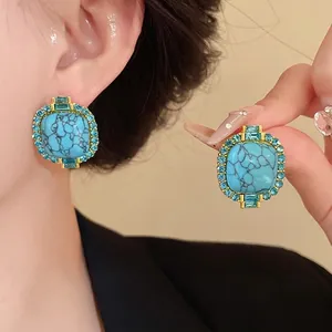 Vintage Gold Alloy Square Artificial Turquoise Rhinestone Stud Earrings For Women With Silver Earring Post Antique Style Jewelry