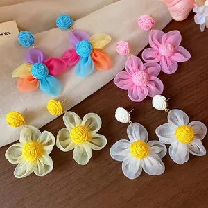 Handmade Raffia Chiffon Flower Stud Earrings With 925 Sterling Silver Earring Post Sweet Atmosphere Floral Earrings For Women Vacation Jewelry