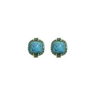 Elegant vintage gold plated turquoise stud earrings with sparkling blue rhinestones