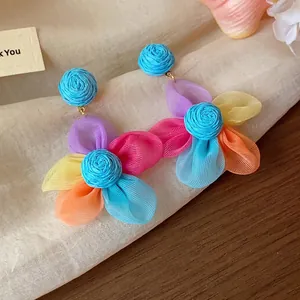 Handmade raffia and chiffon floral drop earrings in vibrant rainbow colors