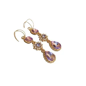 Luxury vintage lavender teardrop zircon earrings with gold plating and star accents