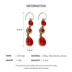 Detailed specifications of vintage red water drop earrings with rhinestones and zircon