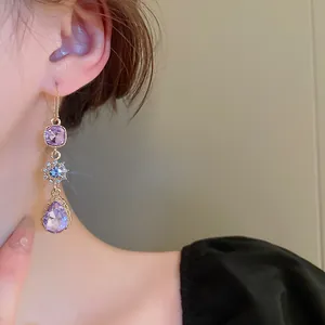 Detailed close-up view of elegant water drop zircon drop earrings in vintage purple