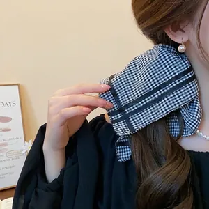 French Vintage Gingham Square Scarf Scrunchie Large Bow Plaid Fabric Hair Tie For Women Fashion Commute Ponytail Holder Headwear Accessory