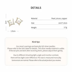 Geometric pearl zircon stud earrings detail showing 2cm size and 925 silver needle info.