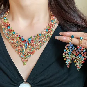 Vintage Zirconia Leaf Tassel Necklace And Earrings Set Multicolor Palace Style Luxury Choker Jewelry For Women Party Accessory