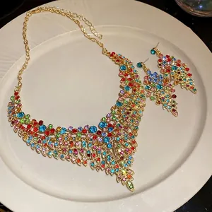 Exquisite vintage colorful leaf fringe necklace and earrings set with vibrant rhinestones