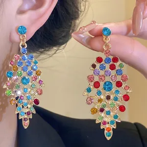 Vintage palace style colorful rhinestone leaf tassel dangle earrings for elegant women