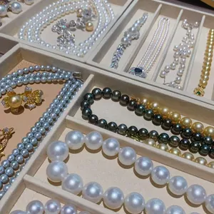 Detailed view of various high-quality pearl necklaces in different colors and sizes