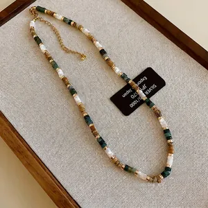 Ethnic Vintage Titanium Steel Beaded Necklace For Women Bohemian Style Artificial Pearl Natural Stone Clavicle Chain Handmade Jewelry