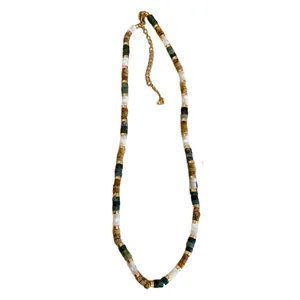 Retro ethnic style stainless steel beaded necklace with shell beads and gold spacers