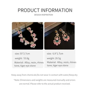 Detail of French retro flower necklace and earrings with size and material information