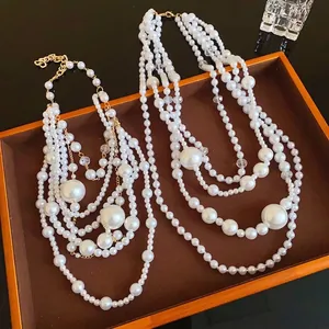 Vintage Multi-Layer Irregular Artificial Pearl Necklace For Women Elegant Oversized Statement Jewelry Gold Alloy Choker