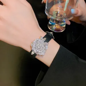 Rhinestone Rose Flower Belt Style Bracelet For Women Vintage PU Leather Adjustable Hand Chain Fashion Wrist Jewelry