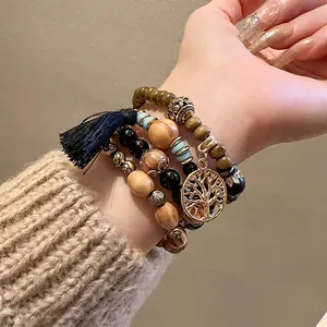Bohemian Wood Beaded Bracelet Set For Women Alloy Tree Of Life Pendant Tassel Retro Handmade Fashion Jewelry Gift