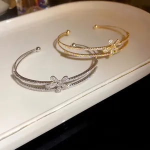 Elegant Copper Zirconia Flower Double Layer Open Bracelet For Women Minimalist Light Luxury Fashion Jewelry Hand Accessory