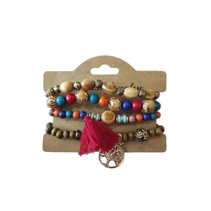 Handmade bohemian multi-layer beaded bracelet set with red tassel and tree of life charm