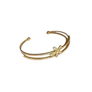 Elegant gold plated zircon flower double-layer open cuff bangle bracelet for women
