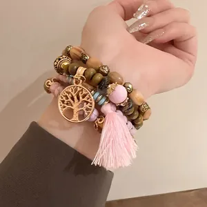 Bohemian multi-layer beaded bracelet set with Tree of Life charm and pink tassel