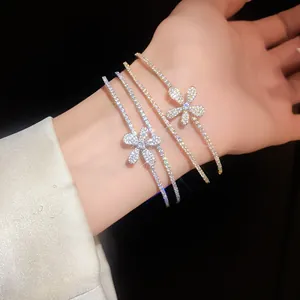 Exquisite detail of double-layer zircon flower open bracelets in gold and silver tones