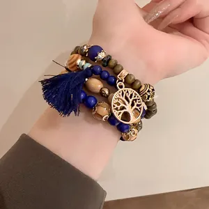 Bohemian multi-layer beaded bracelet set with tree of life charm and navy blue tassel